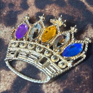 Colorful Crown Brooch multicolor gemstone gold tone queen royalty pin